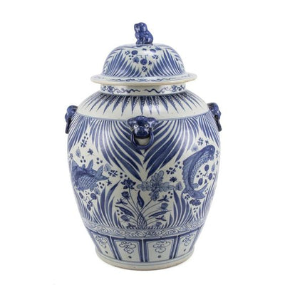 Blue and White Fish Lidded Jar With Lion Handles