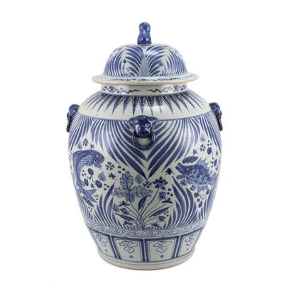 Blue and White Fish Lidded Jar With Lion Handles