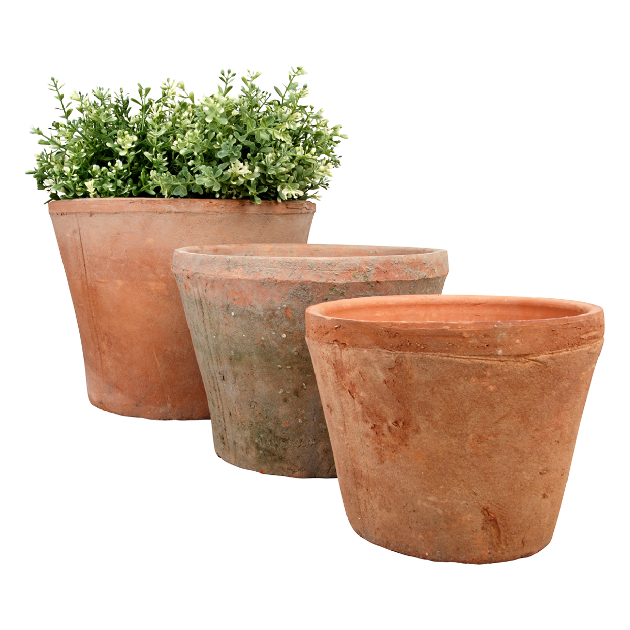 Aged Terracotta Round Flower Pots - Small, Set of 3