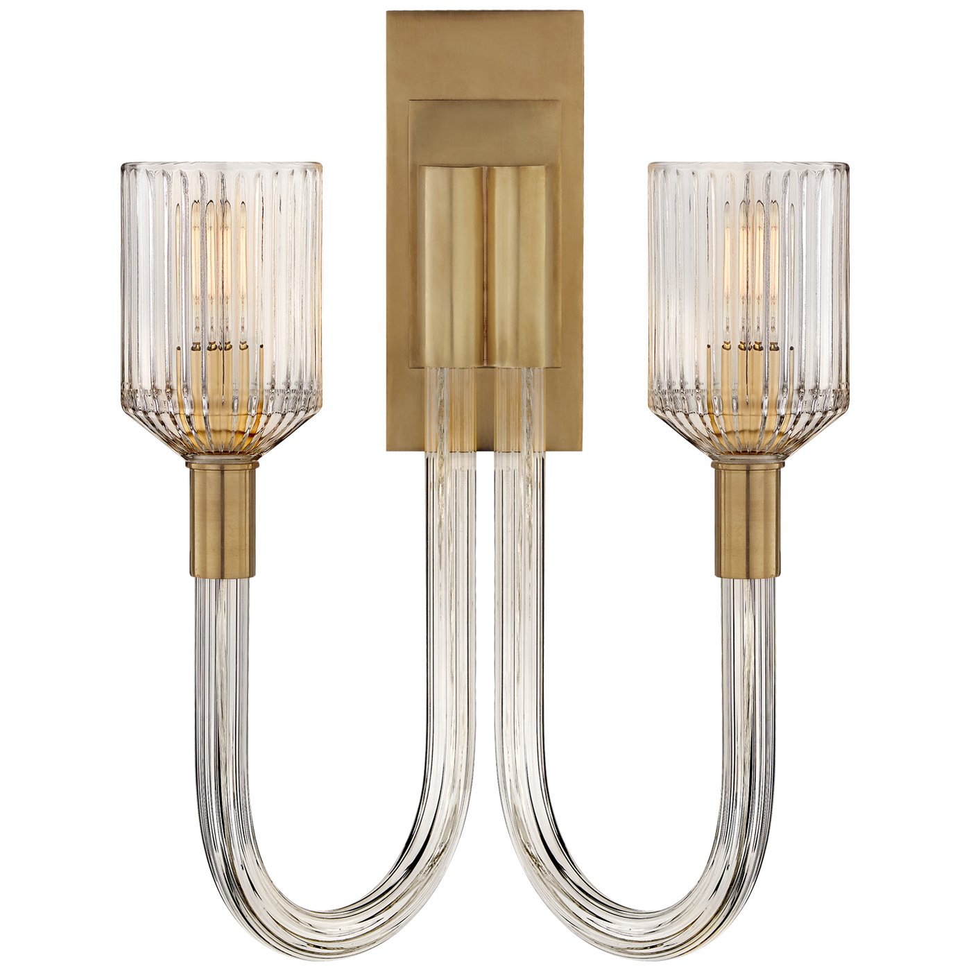 Reverie Double Sconce in Clear Ribbed Glass and Antique-Burnished Brass